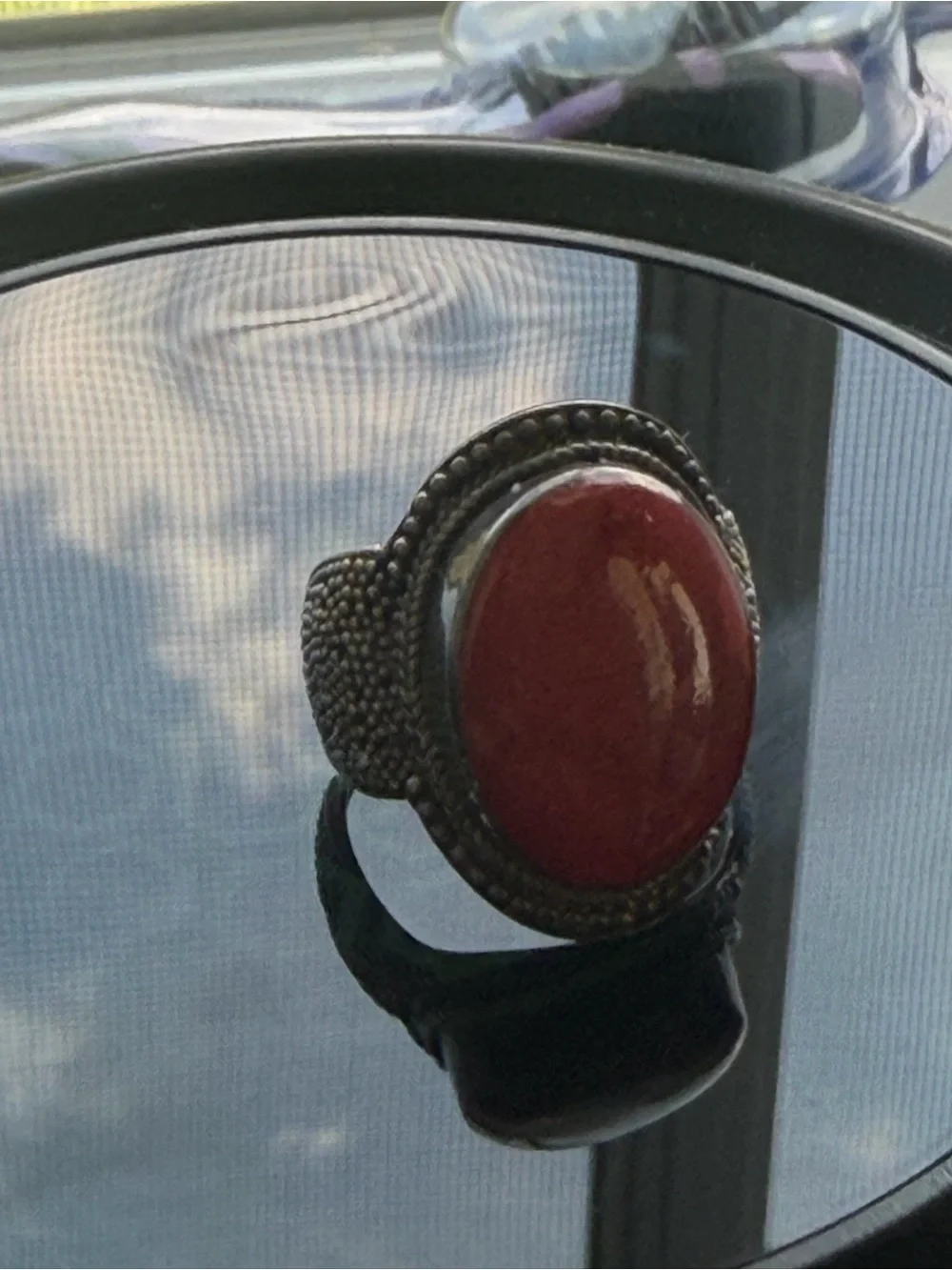 Sterling-Style Unisex Statement Ring with Red Stone and Green Inlay